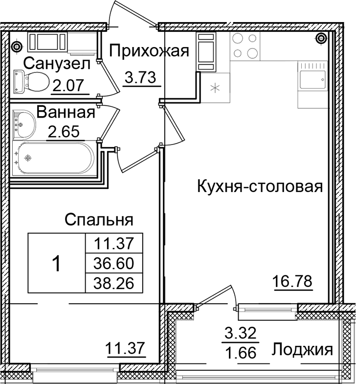1-комнатная квартира 38.26 м², 9/9 эт., ЖК «Квартал Заречье»